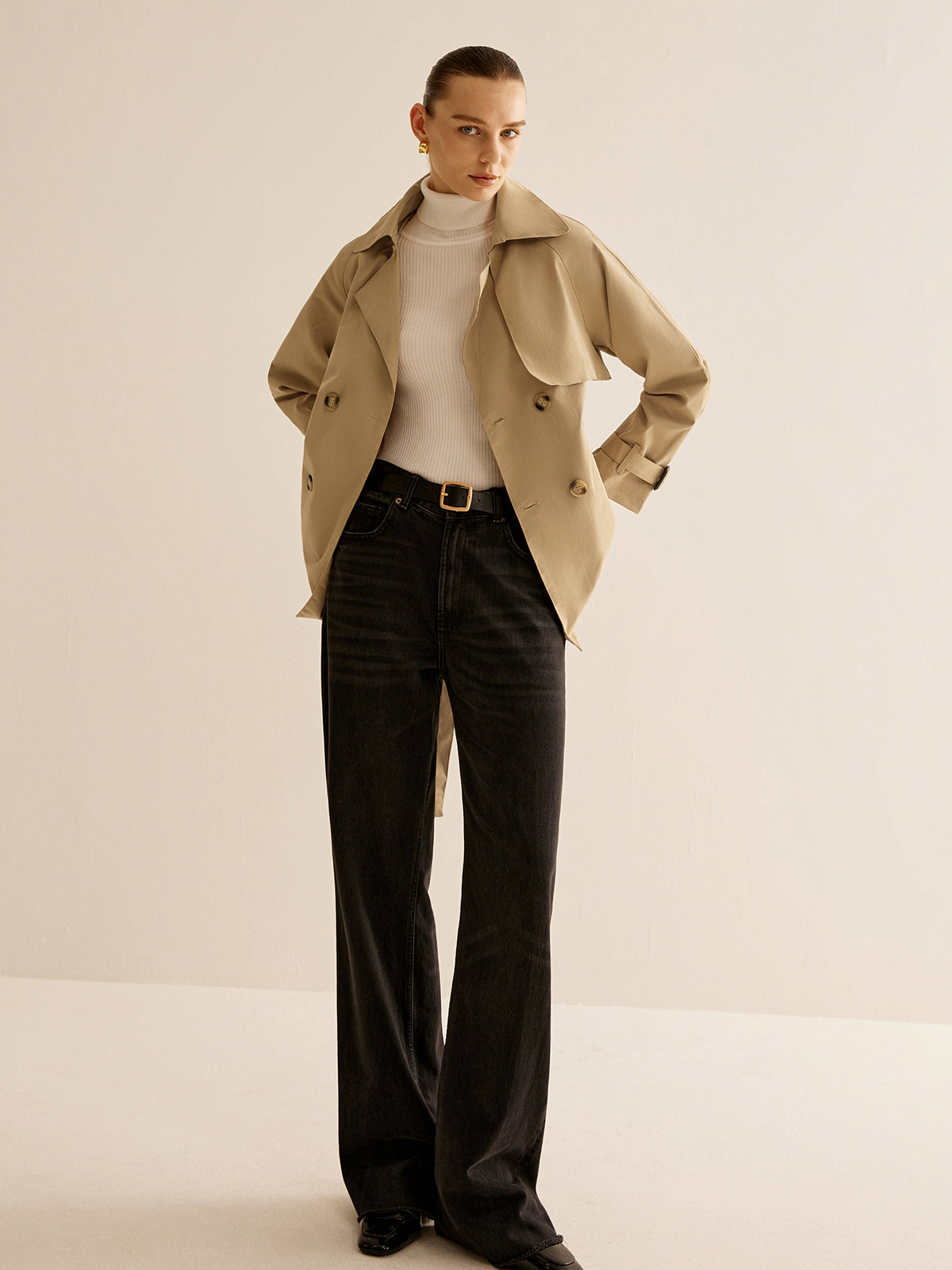 Buckle Design Lapel Belted Trench Coat